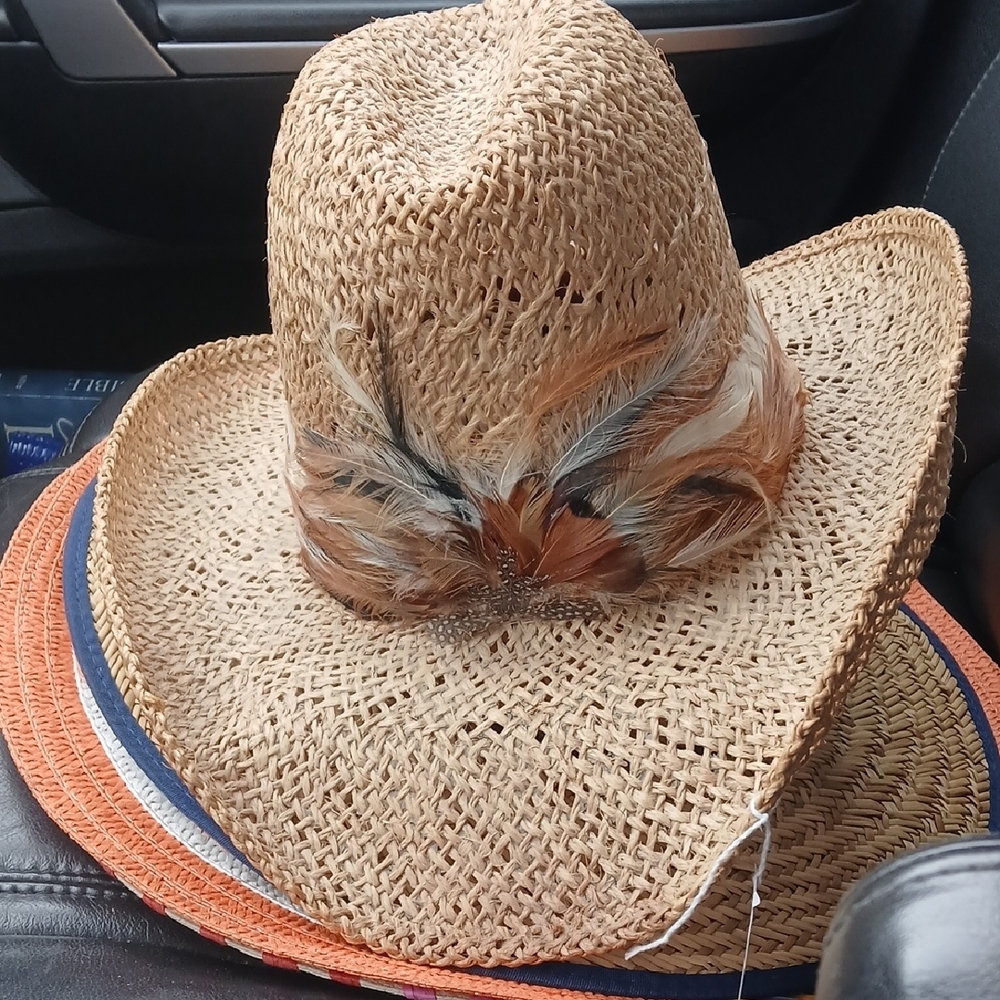 Vintage U-Rollit by Bailey TRAIL BOSS Western Cowboy Straw & Feather Hat 7 1/4